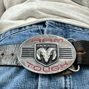 Dodge Ram Tough Silver Buckle - Dodge Ram truck black  leather tooled belt